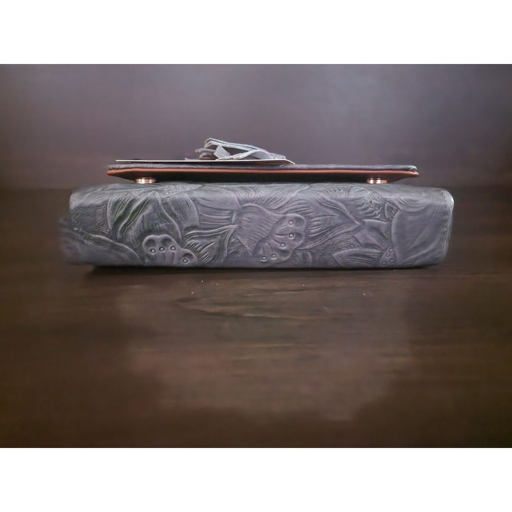 Light Blue Gray Sunflower Embossed Tooled Artisan LEATHER Crossbody Bag Purse - Picture 9 of 15